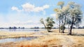 Australian Landscape: Watercolor Painting Of Trees And Waterway