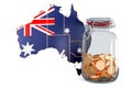 Australian map with glass jar full of golden coins, 3D rendering