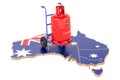 Australian map with propane gas cylinder on hand truck. Gas Delivery Service in Australia, concept. 3D rendering