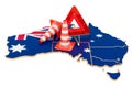 Australian map with traffic cones and warning triangle, 3D rendering