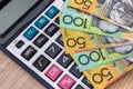 Australian money aud with calculator on desk Royalty Free Stock Photo