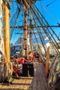 Replica of Captain Cook`s `Endeavour` in Sydney, Australia. Deck view Royalty Free Stock Photo