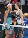 2019 Australian Open Champion Naomi Osaka of Japan embraces Petra Kvitova at the net following her win in the final match