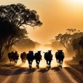 Australian outback landscape with on horse herding cattle along a dusty road at