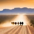 Australian outback landscape with on horse herding cattle along a dusty road at