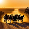 Australian outback landscape with on horse herding cattle along a dusty road at