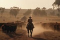 Australian outback landscape with a man on a horse herding cattle. Royalty Free Stock Photo