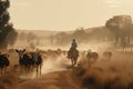 Australian outback landscape with a man on a horse herding cattle. Royalty Free Stock Photo