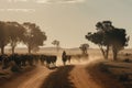 Australian outback landscape with a man on a horse herding cattle. Royalty Free Stock Photo