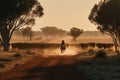 Australian outback landscape with a man on a horse herding cattle.