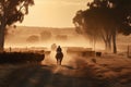 Australian outback landscape with a man on a horse herding cattle. Royalty Free Stock Photo