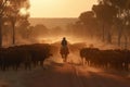 Australian outback landscape with a man on a horse herding cattle. Royalty Free Stock Photo