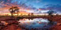 Outback sunset landscape. Australia outback plains. small pond in the desert arid landscape. Royalty Free Stock Photo