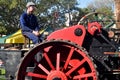 Australian people driving retro small steam locomotive for show