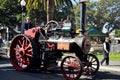 Australian people driving retro small steam locomotive for show