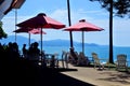 Australian people sitting in cafe looking at the landscape view of Magnetic Island Queensland Australia