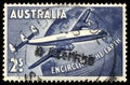 Australian postage stamp commemorating the first round-the-world scheduled airliner flight by Qantas Airways