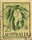 Australian postage stamp depicting Golden Wattle flower