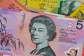 Australian five dollar note depicting Queen Elizabeth 11, Queen of Australia.