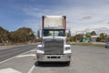 Australian road train truck at service station rest area off Western Highway near Ararat, Victoria at sunset with dramatic clouds Royalty Free Stock Photo