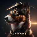 Australian shepherd dog in a cowboy hat on a dark background. 3d illustration Generative AI