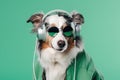 Australian Shepherd Dog Dressed As A Rapper On Mint Color Background