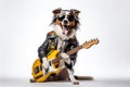 Australian Shepherd Dog Dressed As A Rockstar On White Background