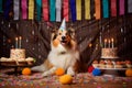 Australian Shepherd dog with a hat and birthday cake and candles. Royalty Free Stock Photo