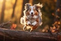 Australian Shepherd Dog Leaping Over Log in Sunlit Park