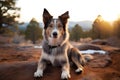 Australian shepherd dog, puppy lies, sits outdoor, looking at camera Royalty Free Stock Photo