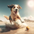 Australian shepherd dog summer activity. Dog australian shepherd breed in running and playing ball