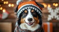 Australian Shepherd Dog Wearing Winter Hat And Scarf Royalty Free Stock Photo