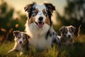 Australian shepherd with her puppies in the meadow at sunset. Group of Australian Shepherd dogs, Aussie dog mum with puppies