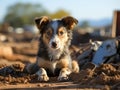 Australian Shepherd puppy bathed in dawn light, muddy after play. Homeless dog living on the street. Rescue, care of homeless