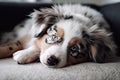 Australian shepherd puppy with blue eyes lying on a sofa at home. AI Generated Royalty Free Stock Photo