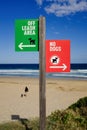 Australian sign on a designated dog recreational  off leash beach indicating No dogs and off leash areas on the beach, young girl Royalty Free Stock Photo
