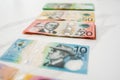 Australian ten twenty fifty banknotes on the white background Royalty Free Stock Photo