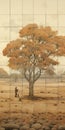 Australian Tonalism: A Captivating Tile Mural With Desert, Statue, And Tree