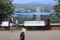 Australian tourists looking at aerial landscape view of Canberra in Australia Capital Territory