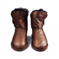 Australian Trendy winter shoes. Fur women`s boots on white backg