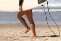 Australian Woman surfer walking along the Beach whit her Surfboard. Water Deport Concept Royalty Free Stock Photo