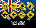 Australian yellow road warning signs with flag