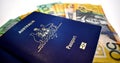 Australie passport  money australie dollar background Royalty Free Stock Photo