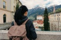 Austria. Bad Gastein. A traveler with a backpack is standing