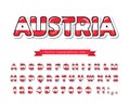 Austria cartoon font. Austrian national flag colors. Paper cutout glossy ABC letters and numbers. Bright alphabet for