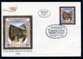 First day cover issue fdc stamp printed by Austria, shows Railway mail wagon, postman Royalty Free Stock Photo