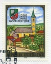 AUSTRIA - CIRCA 1988: stamp printed by Austria, shows Coat of Arms of Ansfelden, 1200th Anniversary of Ansfelden, circa 1988