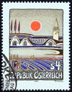 AUSTRIA - CIRCA 1983: A stamp printed in Austria shows Evening Sun in Burgenland Gottfried Kumpf, circa 1983.