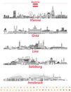 Austria cities panoramic cityscapes vector illustrations in black and white color palette