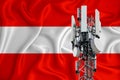 Austria flag, background with space for your logo - industrial 3D illustration. 5G smart mobile phone radio network antenna base